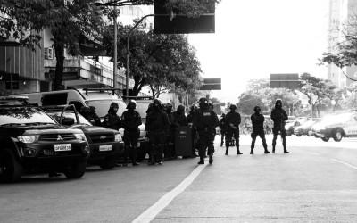 Police barrier to prevent access to the soccer stadium, Belo Horizonte, Brazil, 2014.