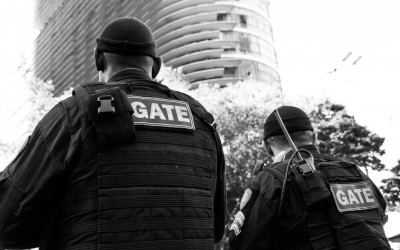 Police barrier to prevent access to the soccer stadium, Belo Horizonte, Brazil, 2014.