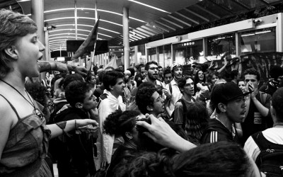Two hours before, protesters arrive at the main station of the public transports in the city - BRT, Belo Horizonte, Brazil, 2014.