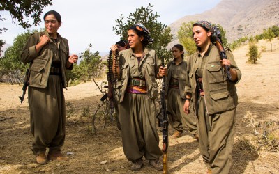 Kurdish Worker’s Party (PKK) members. They leave the caves, usually based in times of war and conflict, for another day of meetings, training and combat. Qandil mountains, Iraq (Iraqi Kurdistan), 2015.