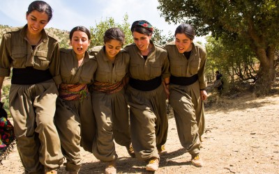 The Kurdish Worker’s Party (PKK) guerrillas sing and dance typical traditional Kurdish songs. This is a rare outdoor moment, since due to the attacks by ISIS and NATO (promoted by the Turkish government), the PKK’s work is restricted to the underground caves which are able to hold dozens of fighters and livelihood resources up to 6 months. Qandil mountains, Iraq (Iraqi Kurdistan), 2015.