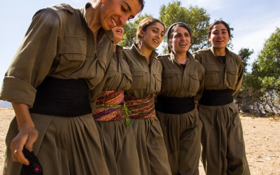 The Kurdish Worker’s Party (PKK) guerrillas sing and dance typical traditional Kurdish songs. This is a rare outdoor moment, since due to the attacks by ISIS and NATO (promoted by the Turkish government), the PKK’s work is restricted to the underground caves which are able to hold dozens of fighters and livelihood resources up to 6 months. Qandil mountains, Iraq (Iraqi Kurdistan), 2015.