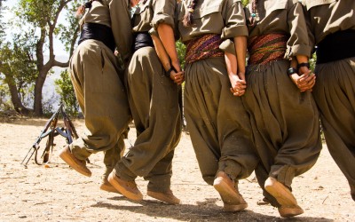 The Kurdish Worker’s Party (PKK) guerrillas sing and dance typical traditional Kurdish songs. This is a rare outdoor moment, since due to the attacks by ISIS and NATO (promoted by the Turkish government), the PKK’s work is restricted to the underground caves which are able to hold dozens of fighters and livelihood resources up to 6 months. Qandil mountains, Iraq (Iraqi Kurdistan), 2015.