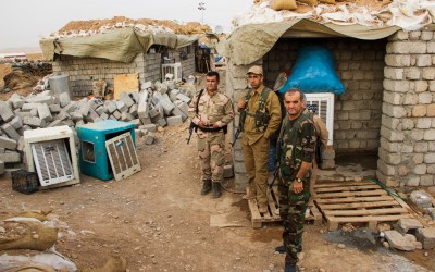 Peshmergas in frontline in combat against Islamic State (ISIS), Iraq (Iraqi Kurdistan), Middle East, 2015.