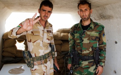 Peshmergas in frontline in combat against Islamic State (ISIS), Iraq (Iraqi Kurdistan), Middle East, 2015.