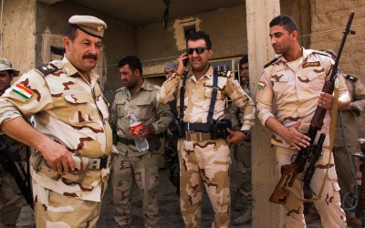 Peshmergas in frontline in combat against Islamic State (ISIS), Iraq (Iraqi Kurdistan), Middle East, 2015.