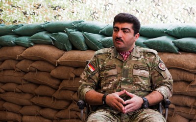 Barzani, a general of the Peshmerga Army and brother of the current president of Kurdistan, Massoud Barzani, tells of fighting against the Islamic State (ISIS). By being part of Kurdistan Democratic Party (KDP), the fighting in their battle is better equipped and their soldiers have better opportunities. Iraq (Iraqi Kurdistan), Middle East, 2015.