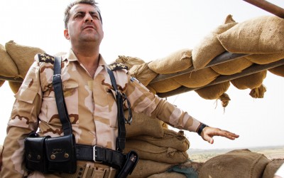 Commander of one of the Peshmergas bases tells how the fighting works since the frontline is a few meters from the Islamic State (ISIS). According to him, weekly car bombs approach the peshmergas and attack them. Iraq (Iraqi Kurdistan), Middle East, 2015.