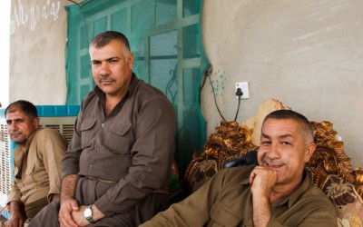 Peshmergas in frontline base waiting for new combat shifts against Islamic State (ISIS), Iraq (Iraqi Kurdistan), Middle East, 2015.