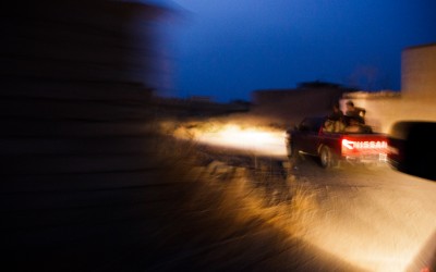 Peshmergas during a night patrol close to a territory controlled by the Islamic State. Located in Kirkuk, one of the richest oil cities of the Iraqi Kurdistan, this base of the Peshmergas is one of the most active in the region. It is responsible for leading several victorious offensives against the Jihadists, near Mosul, Iraq (Iraqi Kurdistan).