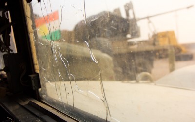 Damaged war tank parked at a Peshmerga base. While the Kurdish fighters battle with inferior, scarce and many times damaged equipment, the Jihadists are armed with tanks, missiles, machine guns and chemical weapons from both Saddam Hussein’s government and North American army during the American invasion of Iraq.
