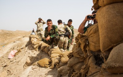 Soldiers of the Kurdistan Army Force (Peshmergas) in one of the frontlines against the Islamic State (ISIS). One of the most important fighting groups in Kurdistan, the Peshmergas, as they are known, are composed by local men and women and foreigners, and keep on risking their lives to guarantee peace in the community.
